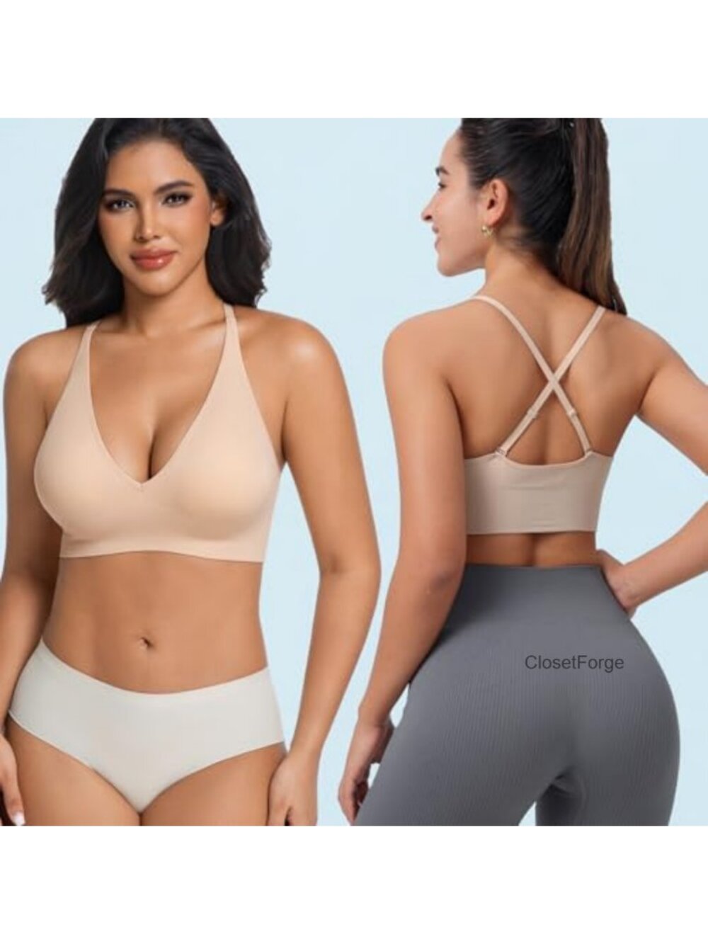 Deep V Neck Push Up Bralette Seamless Sports Bra Wireless Spaghetti Strap Padded - Picture 2 of 6